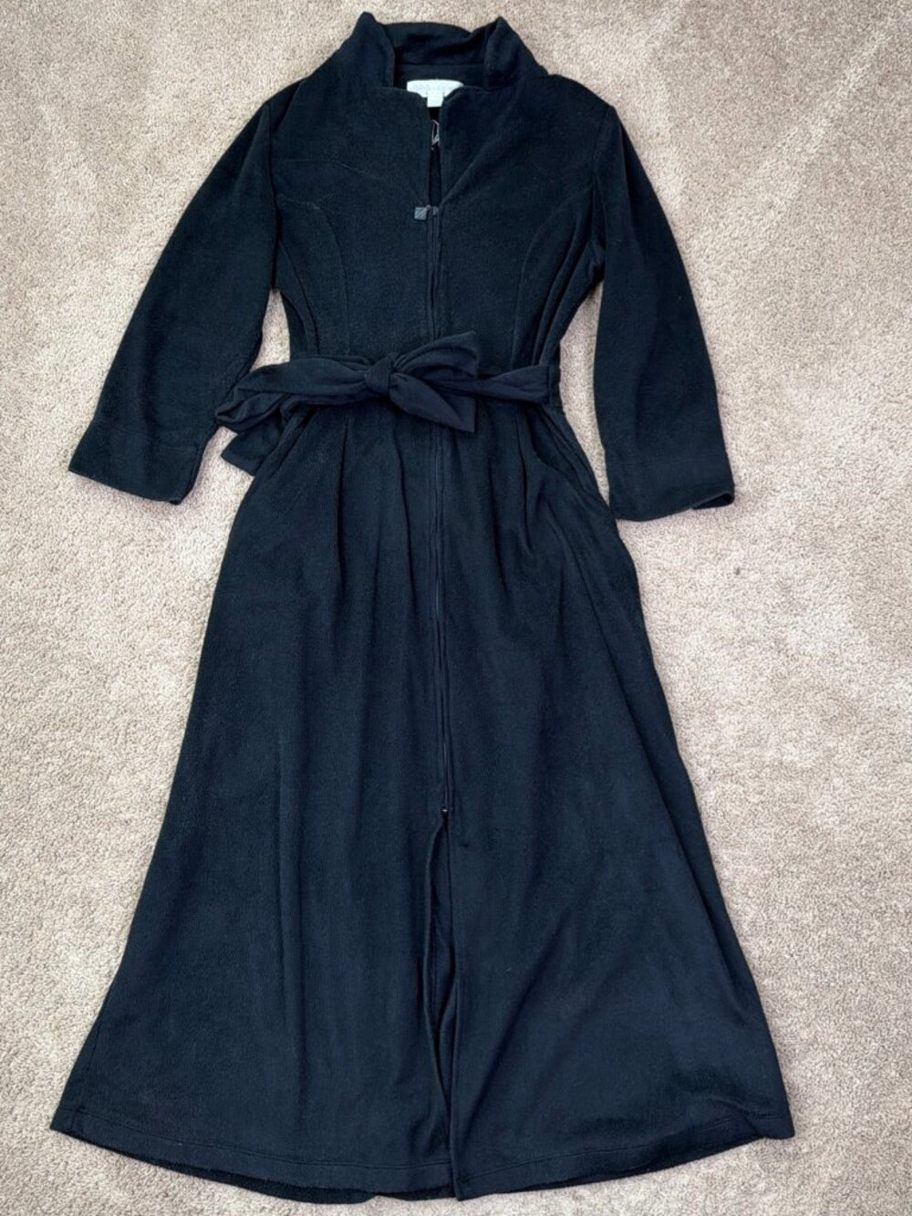 Eileen West Fleece Robe Womens S/M Black Full Zip House Coat Belted Traditional